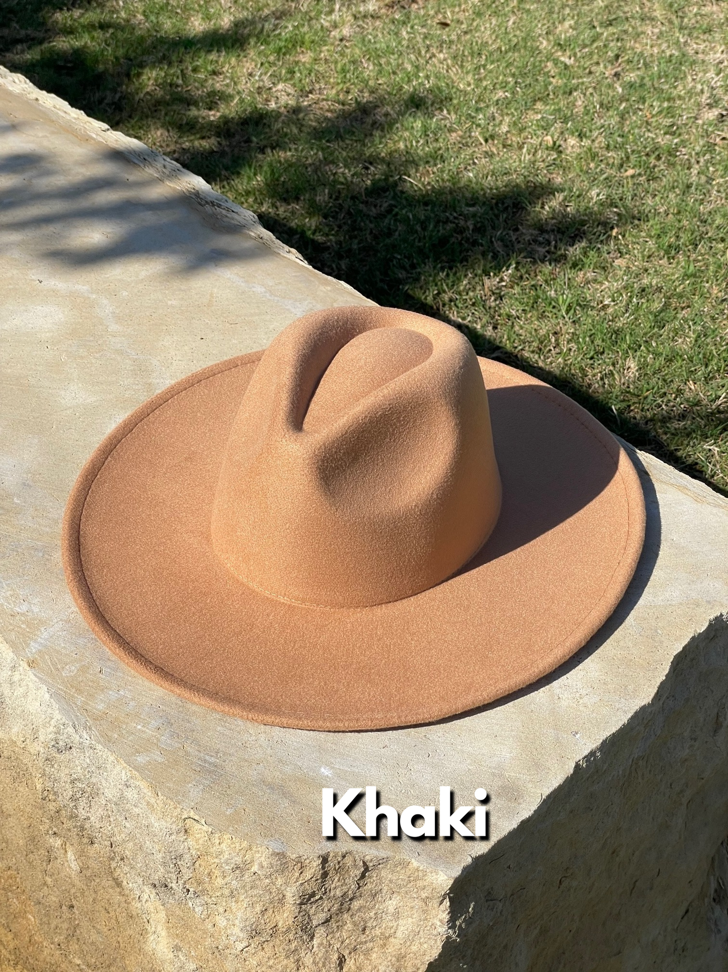 Khaki color fedora in natural light.