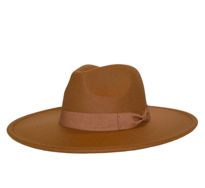 Dope hat's classic wide brim fedora with a ribbon in bronw color.