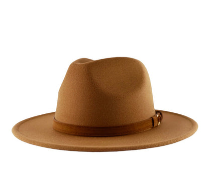 Dark tan color wide brim classic fedora with a leather headband.