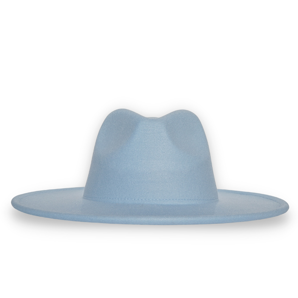 Photo showing a light blue large brim fedora.